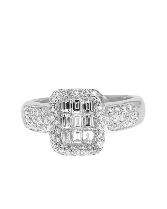 Invisible Set Baguette Diamond And Round Diamond Halo Ring